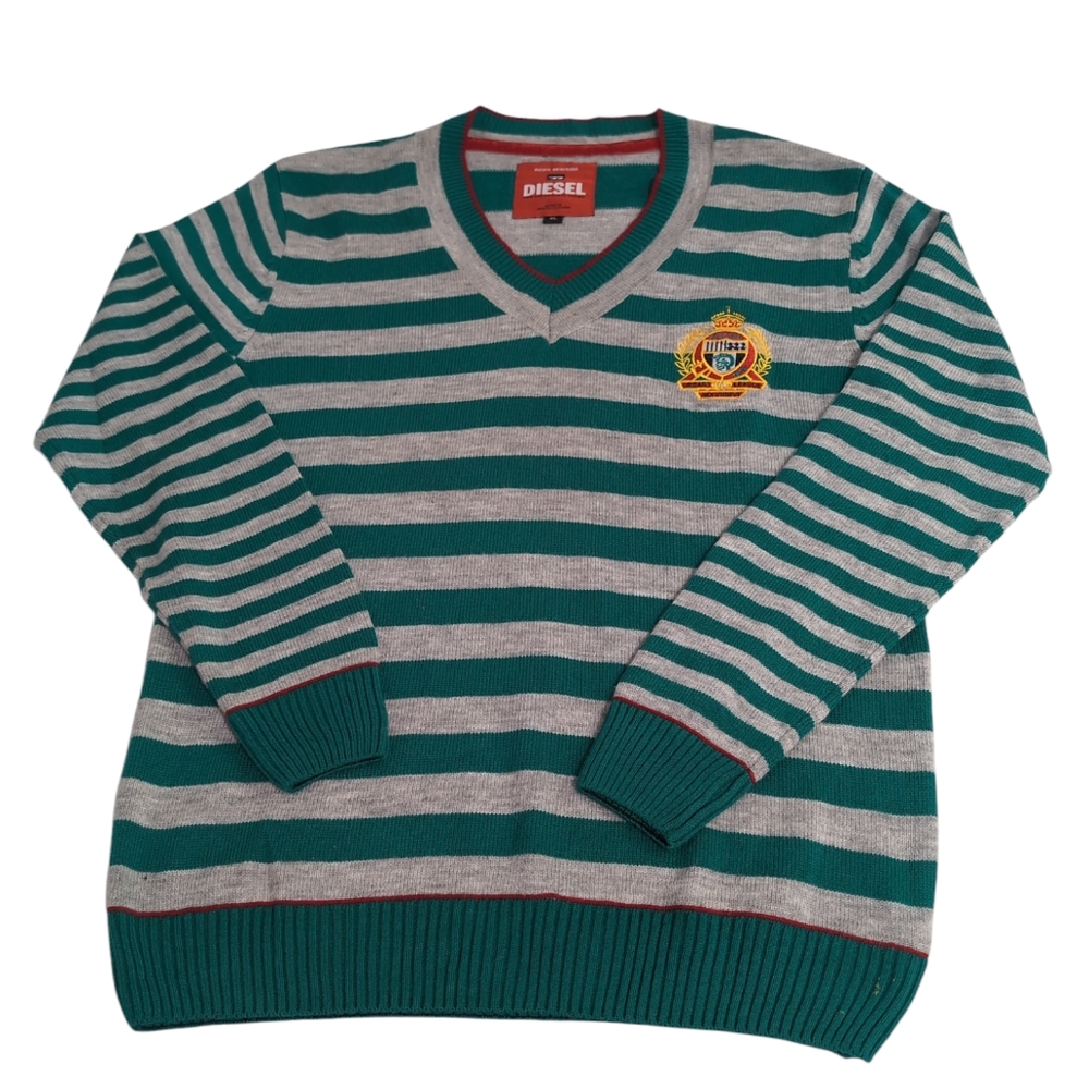 Diesel Women's Teal and Gray Striped V-Neck Sweater